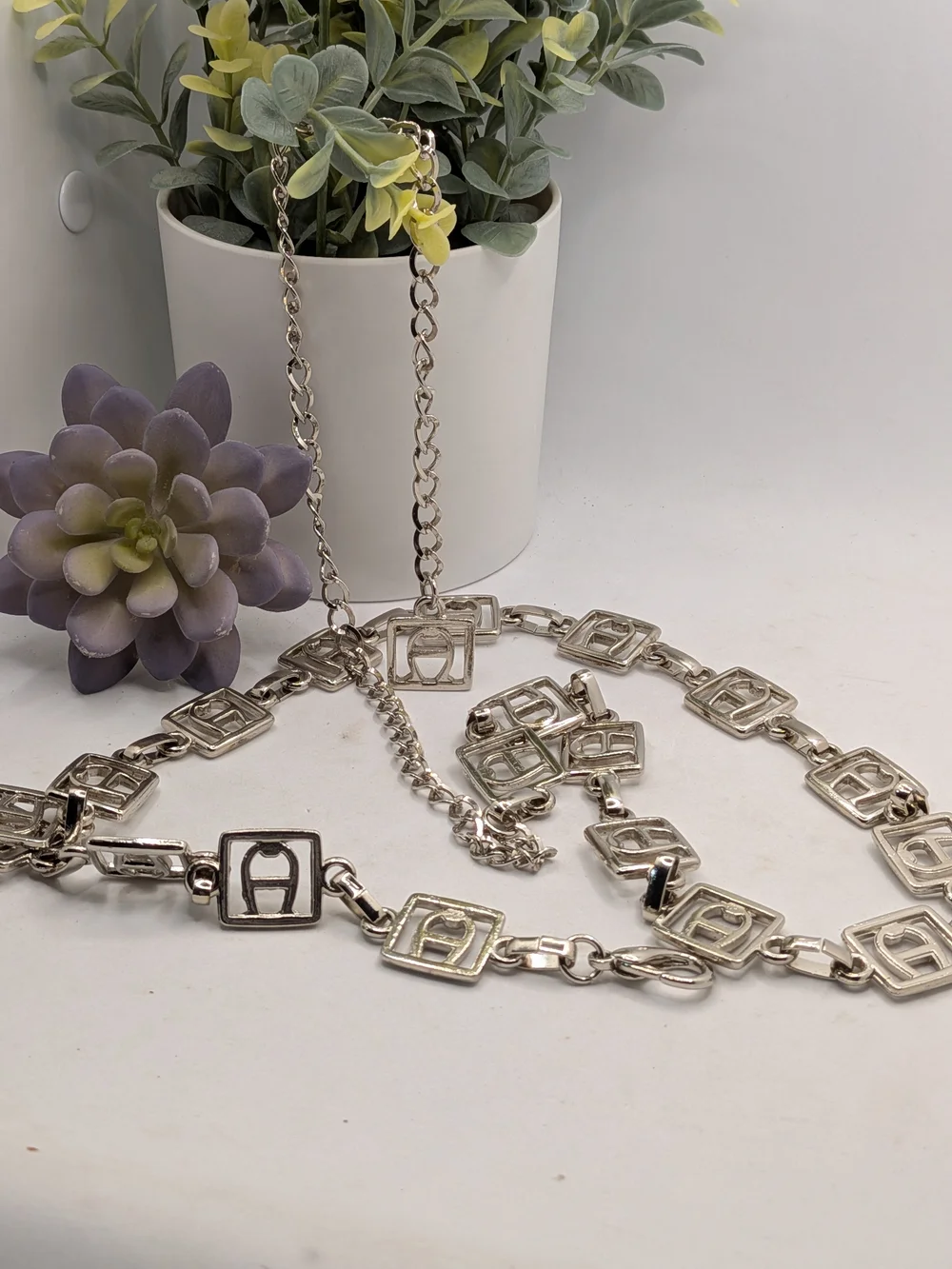 Etienne Aigner Silver Linked Chain Square Logo Belt